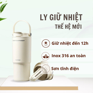 Ly giữ nhiệt cao cấp Uchan, bình nước giữ nhiệt có quai đeo, bình có ống hút và vỏ chống xước LY10
