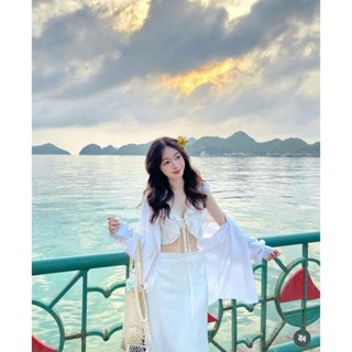 SET ÁO CROPTOP XÔ ĐỤC LỖ TAY TIÊN CỘT NƠ NGỰC + CHÂN VÁY MIDI TRẮNG SUÔNG
