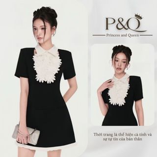Đầm đen tay ngắn cổ áo sơ mi đính hoa cao cấp, chất tuyết mưa sang trọng | P&Q vd66