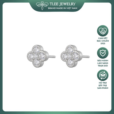 Khuyên tai bạc nữ TLEE, Bông tai bốn lá hạt đá tròn xinh xắn TLEE JEWELRY B0468