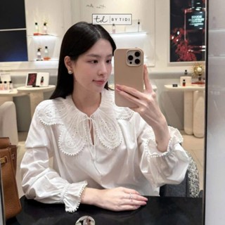  áo sơ mi nữ kiểu Hàn Quốc tiểu thư tay dài cổ sen viền ren lỗ buộc nơ tay xòe màu trắng tiểu thư nhẹ nhàng BTD315 
