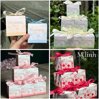 ( Sỉ 100 vỏ ) Hộp vuông nơ WEDDING hoạ tiết hoa lá sang trọng, đựng quà tặng đám cưới, xếp tráp ăn hỏi, quả cưới