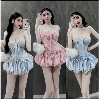 SET KẺ SỌC NƠ ÁO CUP THẮT NƠ + CHÂN VÁY BÍ NHÚN