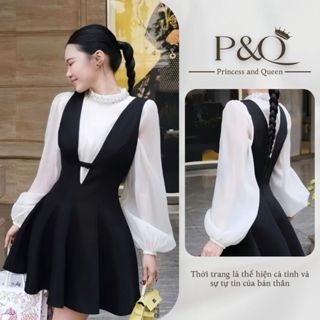 Đầm đen trắng phối áo tay dài cổ trụ thanh lịch, váy xòe dáng tiểu thư | P&Q vd67