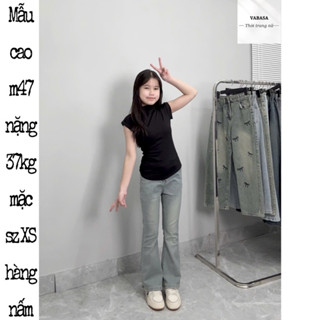 (LOE NẤM LÙN) QUẦN JEANS NỮ ỐNG LOE MÀU XANH BỤI RETRO VẢI CO DÃN nhận đơn từ m42 ( 9 tấc )