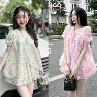 Set váy BABYDOLL dễ thương có ren thiết kế thêu hoa 2 lớp đính đá cổ chữ V tay bồng 2 tông màu xinh iu cho nàng đi chơi 