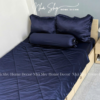 Trọn Bộ Drap Giường Phi Lụa Bóng Cao Cấp Màu Xanh Đen Đủ Size - Set 4 Món và 5 Món - Nhà Shy Home Decor