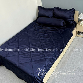 Trọn Bộ Drap Giường Phi Lụa Bóng Cao Cấp Màu Xanh Đen Đủ Size - Set 4 Món và 5 Món - Nhà Shy Home Decor