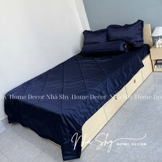 Trọn Bộ Drap Giường Phi Lụa Bóng Cao Cấp Màu Xanh Đen Đủ Size - Set 4 Món và 5 Món - Nhà Shy Home Decor