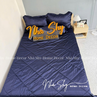 Trọn Bộ Drap Giường Phi Lụa Bóng Cao Cấp Màu Xanh Đen Đủ Size - Set 4 Món và 5 Món - Nhà Shy Home Decor