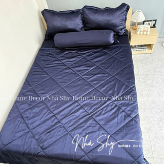 Trọn Bộ Drap Giường Phi Lụa Bóng Cao Cấp Màu Xanh Đen Đủ Size - Set 4 Món và 5 Món - Nhà Shy Home Decor