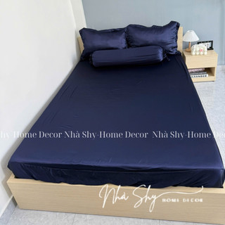 Trọn Bộ Drap Giường Phi Lụa Bóng Cao Cấp Màu Xanh Đen Đủ Size - Set 4 Món và 5 Món - Nhà Shy Home Decor