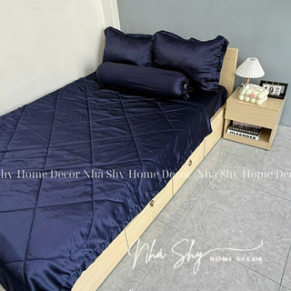 Trọn Bộ Drap Giường Phi Lụa Bóng Cao Cấp Màu Xanh Đen Đủ Size - Set 4 Món và 5 Món - Nhà Shy Home Decor
