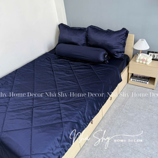 Trọn Bộ Drap Giường Phi Lụa Bóng Cao Cấp Màu Xanh Đen Đủ Size - Set 4 Món và 5 Món - Nhà Shy Home Decor