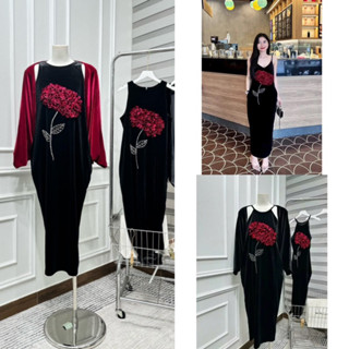 Váy nhung sát nách /hai dây/cổ yếm khâu cây hoa cẩm tú cầu đỏ dáng xuông