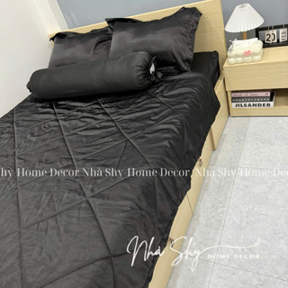Trọn Bộ Drap Giường Phi Lụa Bóng Cao Cấp Màu Đen Đủ Size - Set 4 Món và 5 Món - Nhà Shy Home Decor
