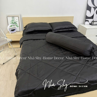 Trọn Bộ Drap Giường Phi Lụa Bóng Cao Cấp Màu Đen Đủ Size - Set 4 Món và 5 Món - Nhà Shy Home Decor