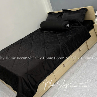 Trọn Bộ Drap Giường Phi Lụa Bóng Cao Cấp Màu Đen Đủ Size - Set 4 Món và 5 Món - Nhà Shy Home Decor
