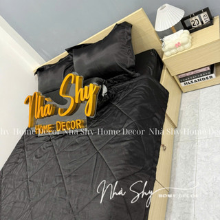 Trọn Bộ Drap Giường Phi Lụa Bóng Cao Cấp Màu Đen Đủ Size - Set 4 Món và 5 Món - Nhà Shy Home Decor
