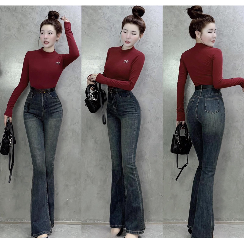 (dài 100cm)Quần jean ống bass ( loe) co giãn tốt , lưng siêu cao, hàng loại 1 ( hình thật ạ)