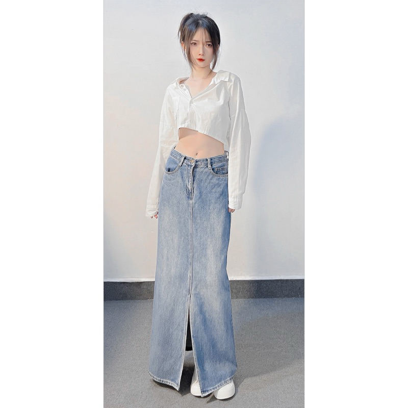 Chân váy jean dài xẻ tà tag sau