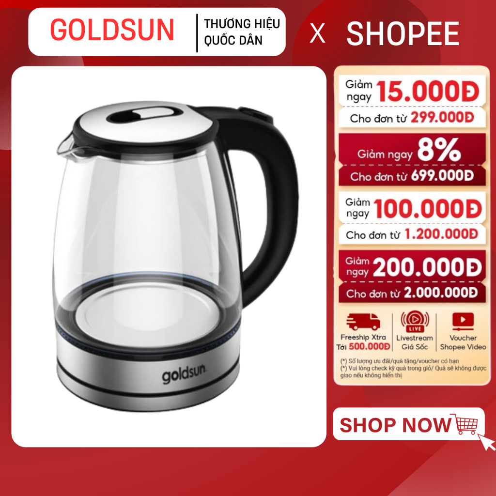 ẤM SIÊU TỐC THUỶ TINH GOLDSUN GKT2607G - Tự động ngắt khi nước sôi, Hàng khuyến mãi của sữa TH