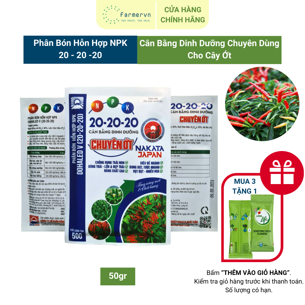 Phân Bón NPK 20-20-20, FARMERVN Chuyên Cho Cây Ớt, Phân Bón Cây Cảnh, Phân Bón Mai Vàng