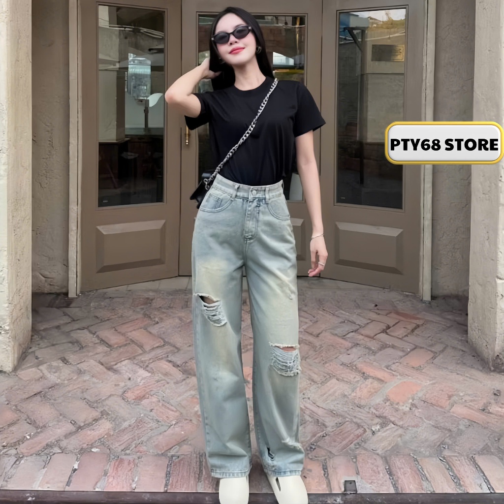 Quần Jean  Nữ ống Suông Rộng  Rách Gối ,Cạp Cao Dáng Dài MS26 PTY68 STORE