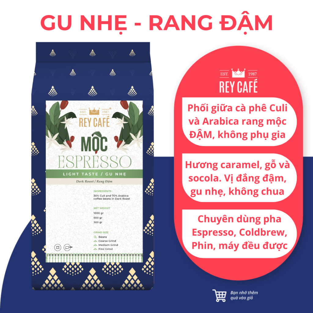 Cà Phê Rang Mộc Espresso LIGHT Taste DARK Roast (Culi & Arabica Coffee Blend) - Phin/Máy/Coldbrew -R