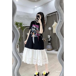 Váy suông dáng dài màu đen đính nơ in hoạt hình 3D BORDE phối đuôi cá chất thô thêu thời trang