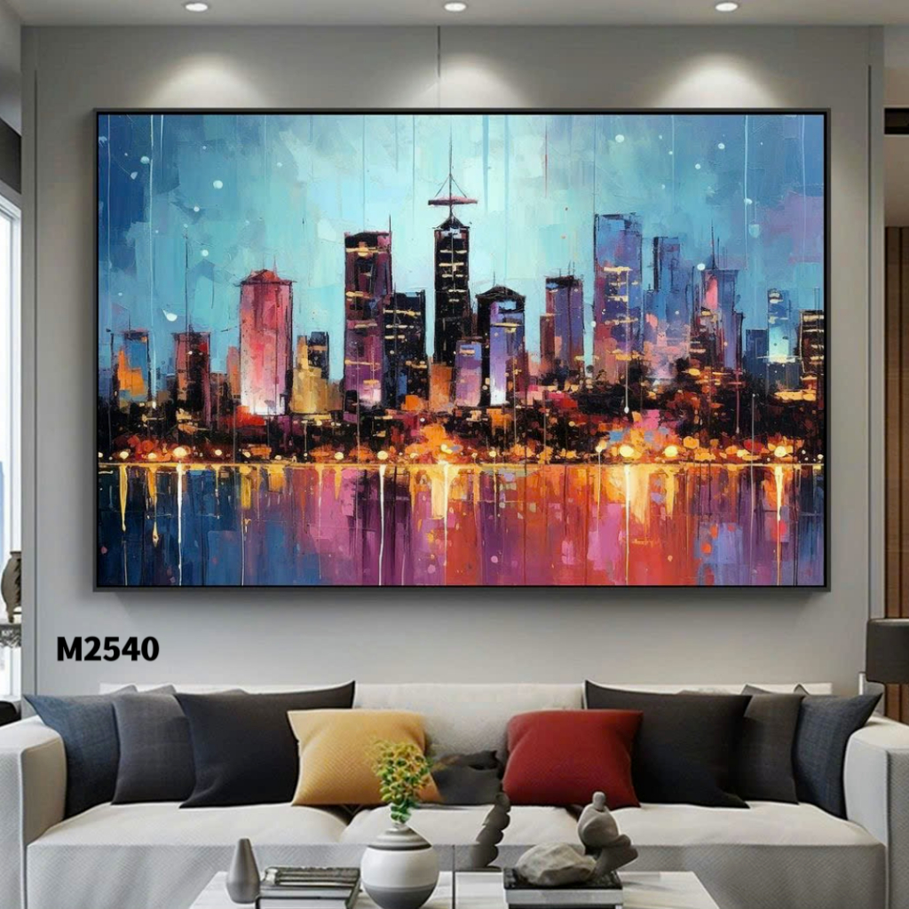 Tranh vải canvas đóng khung treo tường trừu tượng khung cảnh thành phố mờ ảo, tranh canvas decor