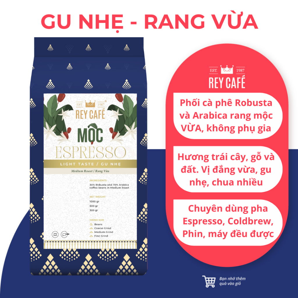 Cà Phê Rang Mộc Espresso LIGHT Taste MEDIUM Roast (Robusta & Arabica Coffee Blend) - Phin/Máy/Coldbr