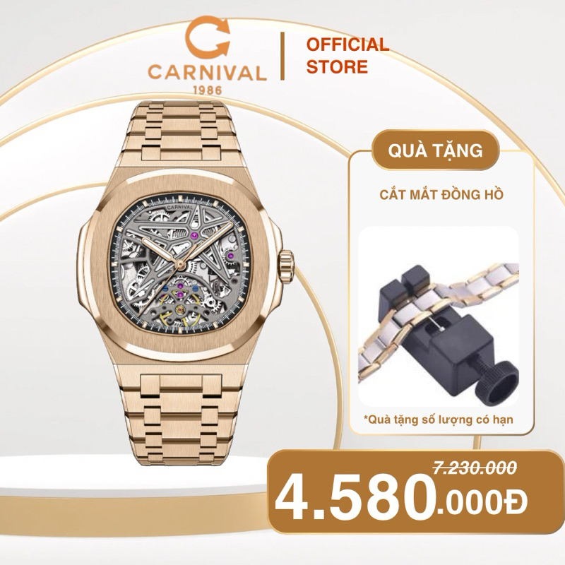 Đồng hồ nam Carnival 8118G thiết kế lộ cơ dạ quang cực đẹp,size 41mm,máy Automatic Nhật,kính sapphir