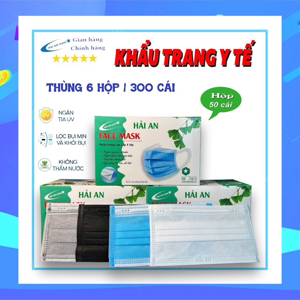 ( 6 HỘP Y TẾ ) Thùng 300 chiếc  khẩu trang, HẢI AN MASK chính hãng 4 lớp kháng khuẩn chống tia UV