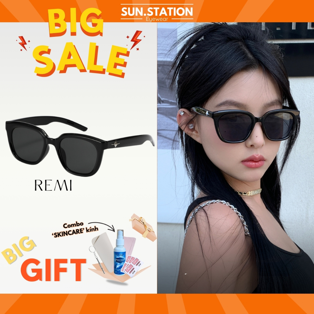 Kính râm nam nữ gọng vuông chống tia uv SUN.STATION, Kính mát đen ngầu hot trend chắn bụi, mang đi đường, đi biển - REMI