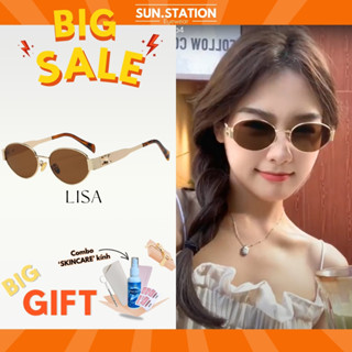 Kính mát nữ gọng tròn oval nhỏ LISA, mắt kính râm Hàn Quốc hot trend 2023 SUN STATION gọng kim loại đeo đi chơi, đi biển