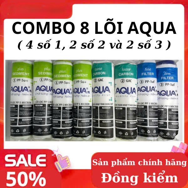 { Combo 8 } Lõi lọc nước AQUA 123.(TẶNG TAY THÁO LẮP) Bao gồm 4 lõi số 1, 2 lõi số 2 và 2 lõi số 3.