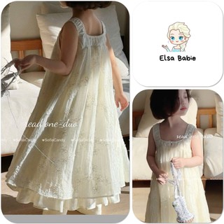  Đầm công chúa ElsaBabie Váy tơ thêu cao cấp thiết kế cổ vuông cúc ngọc bồng bềnh tiểu thư 