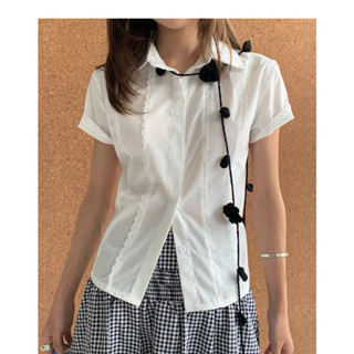 Áo sơ mi nữ babydoll trắng tay ngắn sọc ren RENSI A12