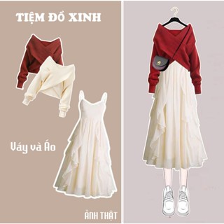 Set váy áo nữ,bộ nữ váy 2 lớp dáng xòe tiểu thư  mix cùng áo len tay dài vạt chéo chất dày dặn phong cách Hàn Quốc Top W