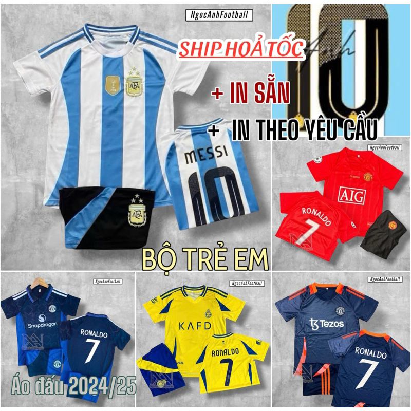 Bộ Quần Áo Bóng Đá Trẻ Em In Sẵn Tên Số Ronaldo, Áo Đá Banh Trẻ Em CLB Alnassr Màu Xanh Mùa 24/24