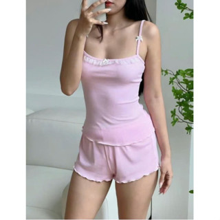 [ Che Tên ] Đồ bộ ngủ 2 dây đính nơ phối bèo gợi cảm chất vải tăm lạnh thoáng mát co giãn Mã 13C