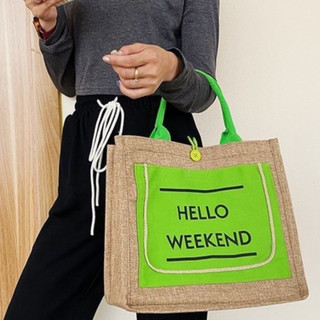 Túi cói hello weekend, Túi cói đi biển hàng đẹp dày dặn