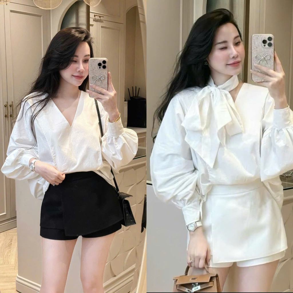 Set Áo Sơ Mi Cổ V Tay Bồng Kèm  Dây Nơ Tháo Rời Mix Quần Giả Váy Kaki Chéo 2 Màu Công Sở (Ảnh Thật T