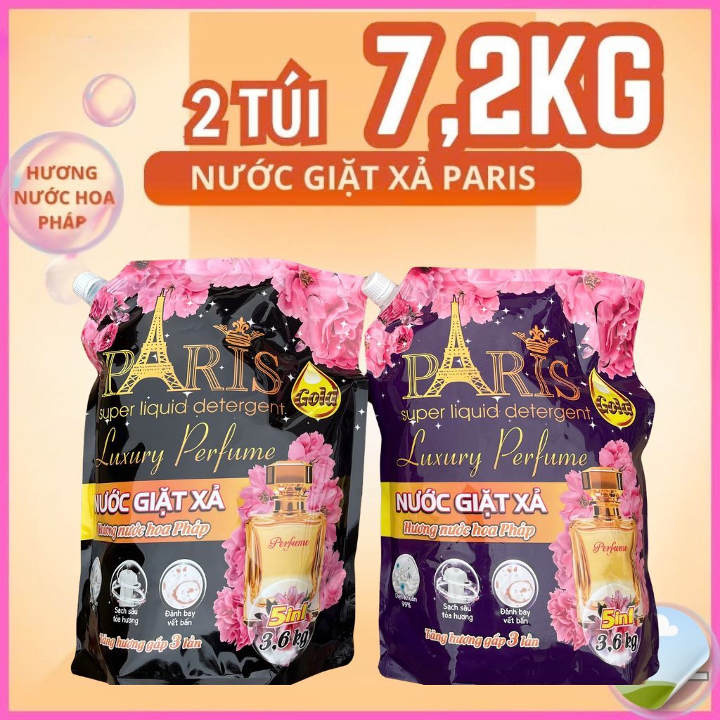 Combo 2 Túi/7,2 Lít Nước Giặt Xả Vải Quần Áo PARIS Thơm Cực Lâu Hương Nước Hoa Mềm Mại