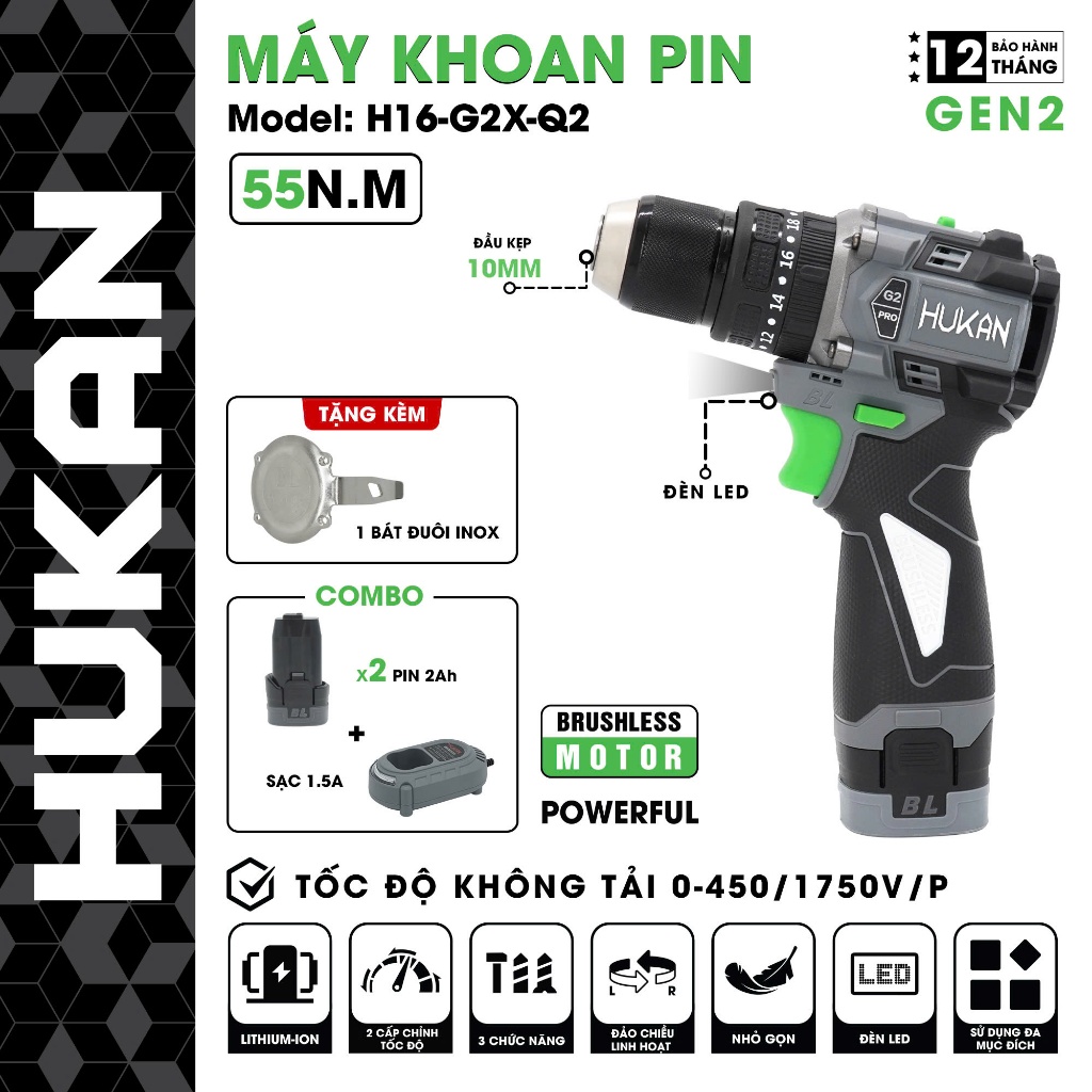 MÁY KHOAN PIN HUKAN 10MM ( CÓ KHÓA TRỤC ) Gen 2 H16-G2X-Q2 MÀU XANH LÁ