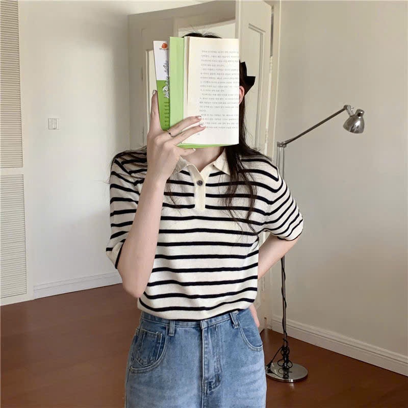 Áo cộc tay nữ dệt kim mongtoghi thiết kế cổ bẻ phối khuy cài phong cách năng động HMH SP290 | BigBuy360 - bigbuy360.vn