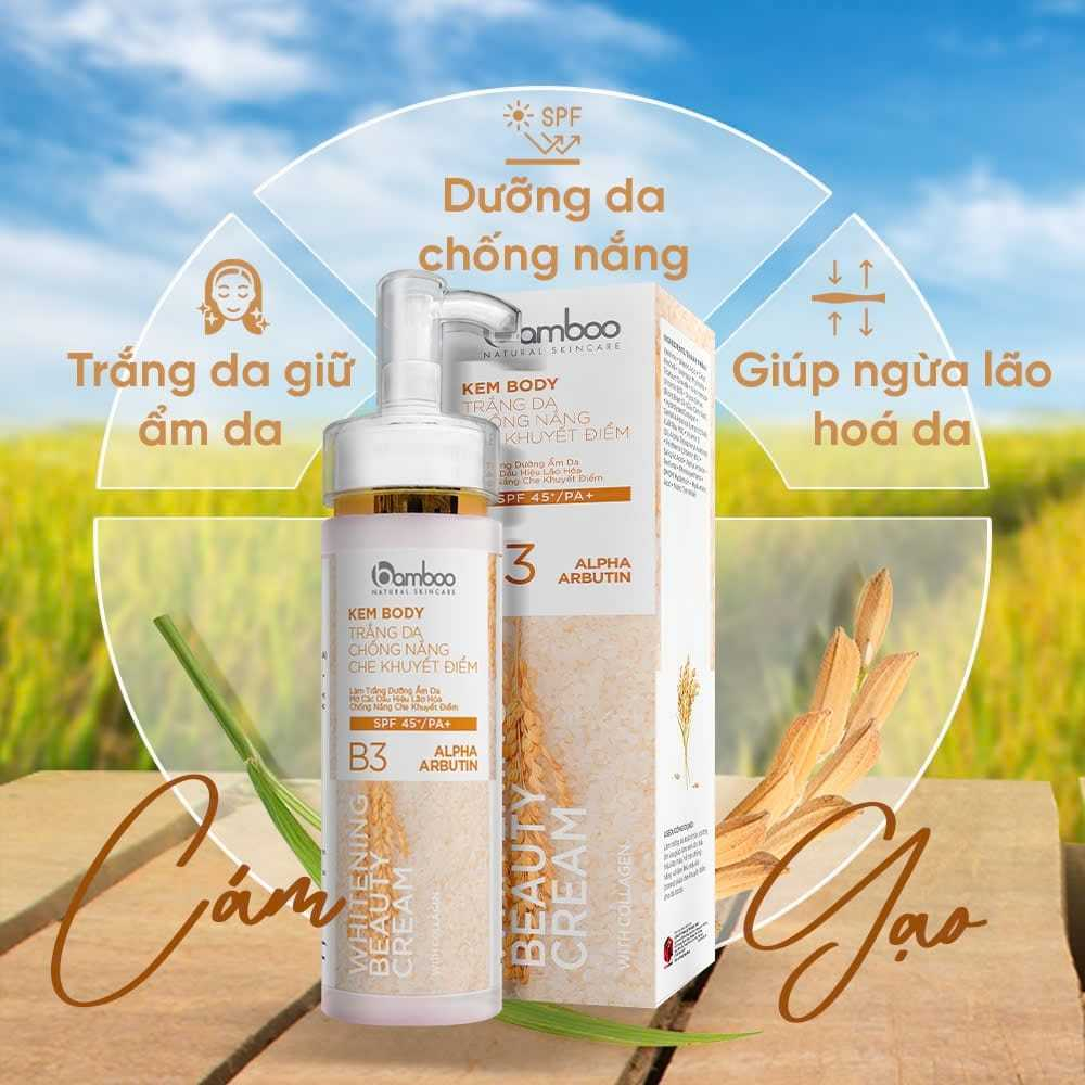 Kem Body Trắng Da Chống Nắng Che Khuyết Điểm Cám Gạo Bamboo B3 Alpha Arbutin SPF 45+