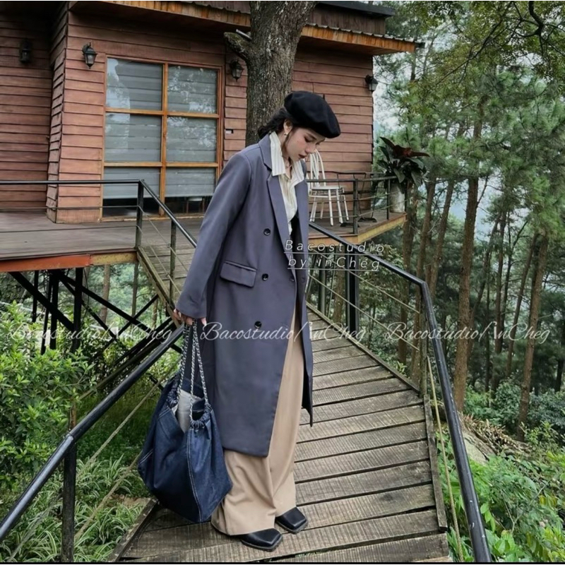 pass blazer dáng dài màu xám xanh 6 cúc boiling freesize