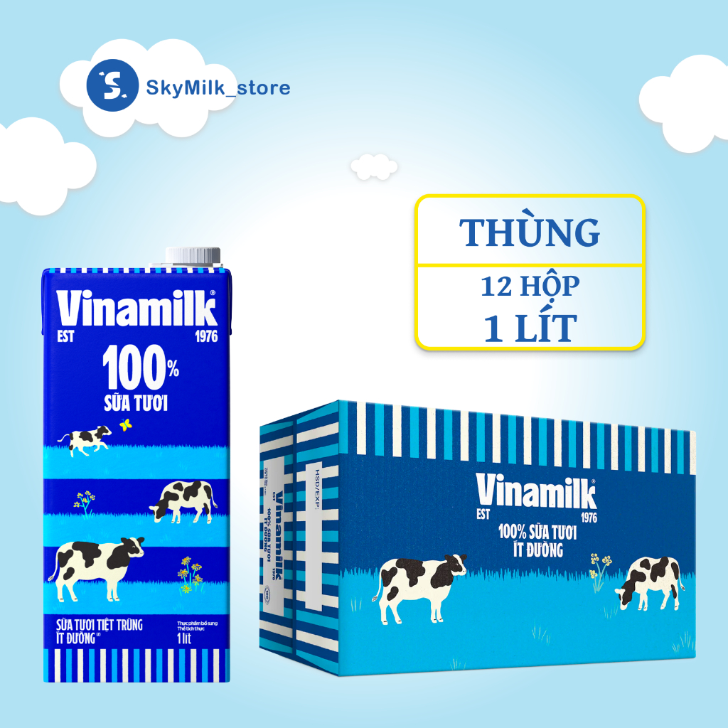 Vinamik - Thùng 12 Hộp 1 Lít Sữa tươi tiệt trùng ít đường Vinamilk 100% - Sữa tươi 1 lít Vinamilk